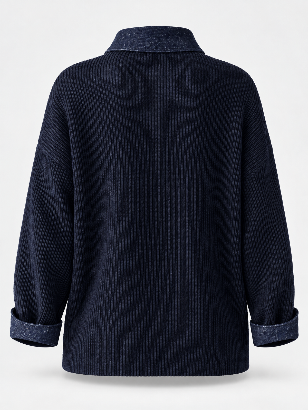 Women's Ribbed Knit Denim Collar Button Down Long Sleeve Top