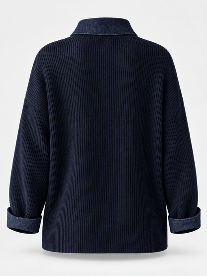 Women's Ribbed Knit Denim Collar Button Down Long Sleeve Top