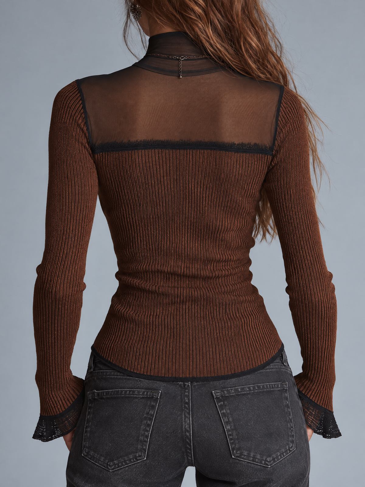 Vintage Rust Brown Mesh Cutout Ribbed Knit Top