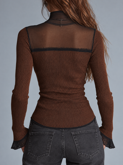 Vintage Rust Brown Mesh Cutout Ribbed Knit Top
