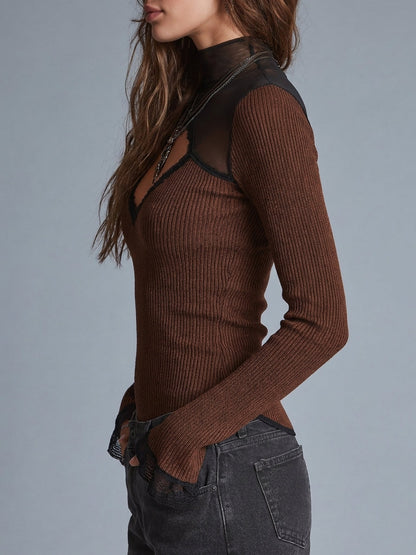 Vintage Rust Brown Mesh Cutout Ribbed Knit Top