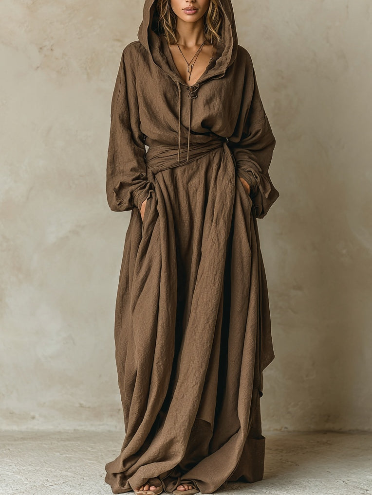 Brown faux cotton linen hooded loose maxi dress