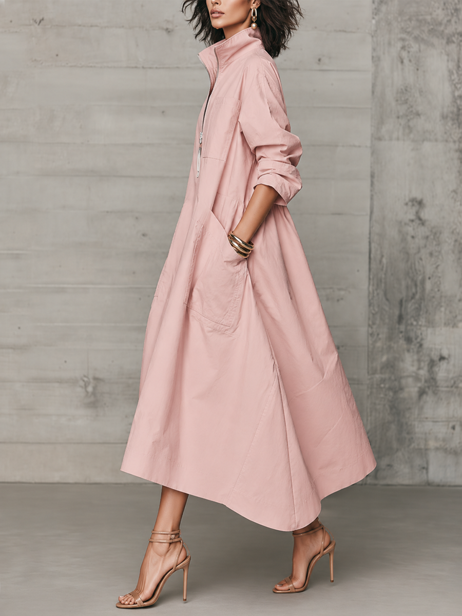 Grayish Pink Cotton Shirt-style Pocket Long Dress