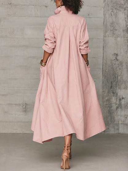 Grayish Pink Cotton Shirt-style Pocket Long Dress