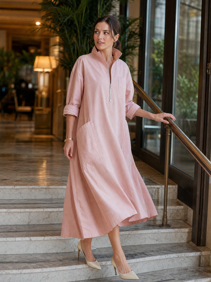 Grayish Pink Cotton Shirt-style Pocket Long Dress