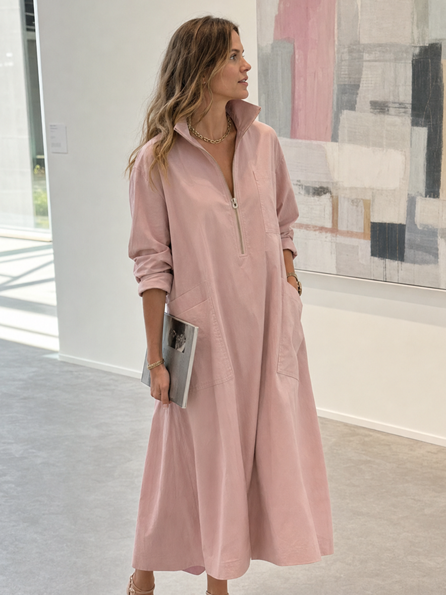 Grayish Pink Cotton Shirt-style Pocket Long Dress