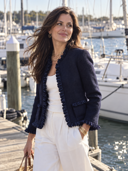 Romantic Navy Textured Ruffle Trim Jacket