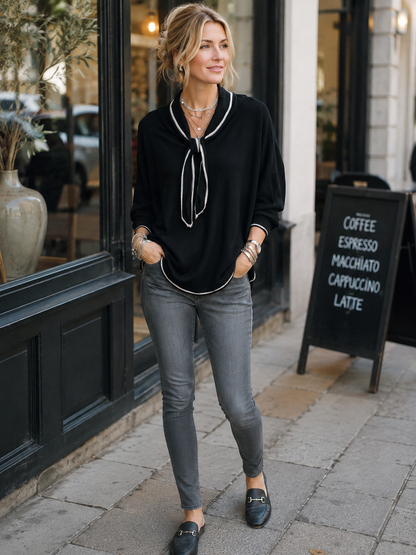 Women's Contrast Trim Tie-Neck Long Sleeve Top