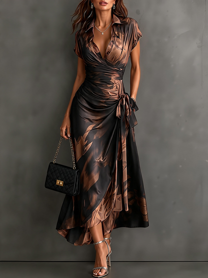 Francesca | Midi Wrap Dress in Abstract Print, Brown