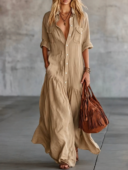 Khaki Low-waisted Long Shirt Dress