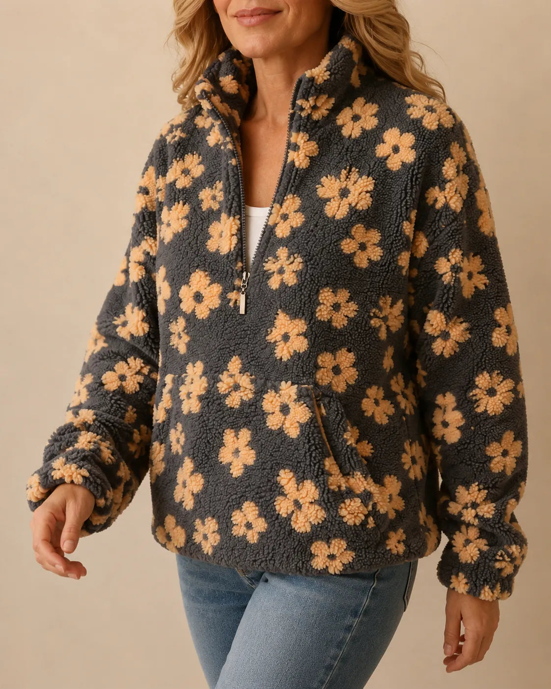 Elodie | Floral Sherpa Quarter-Zip Pullover