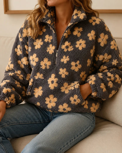 Elodie | Floral Sherpa Quarter-Zip Pullover