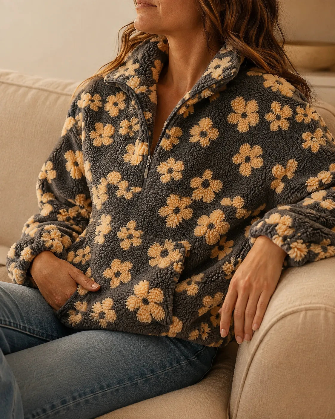 Elodie | Floral Sherpa Quarter-Zip Pullover