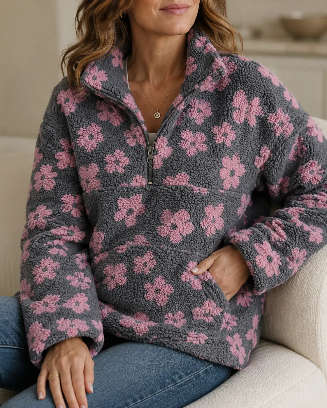 Rosalie | Floral Sherpa Quarter-Zip Pullover