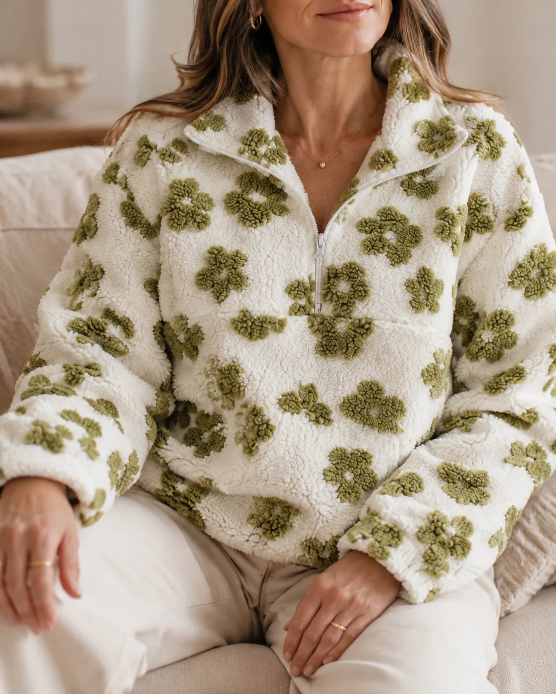 Elowen | Floral Sherpa Quarter-Zip Pullover