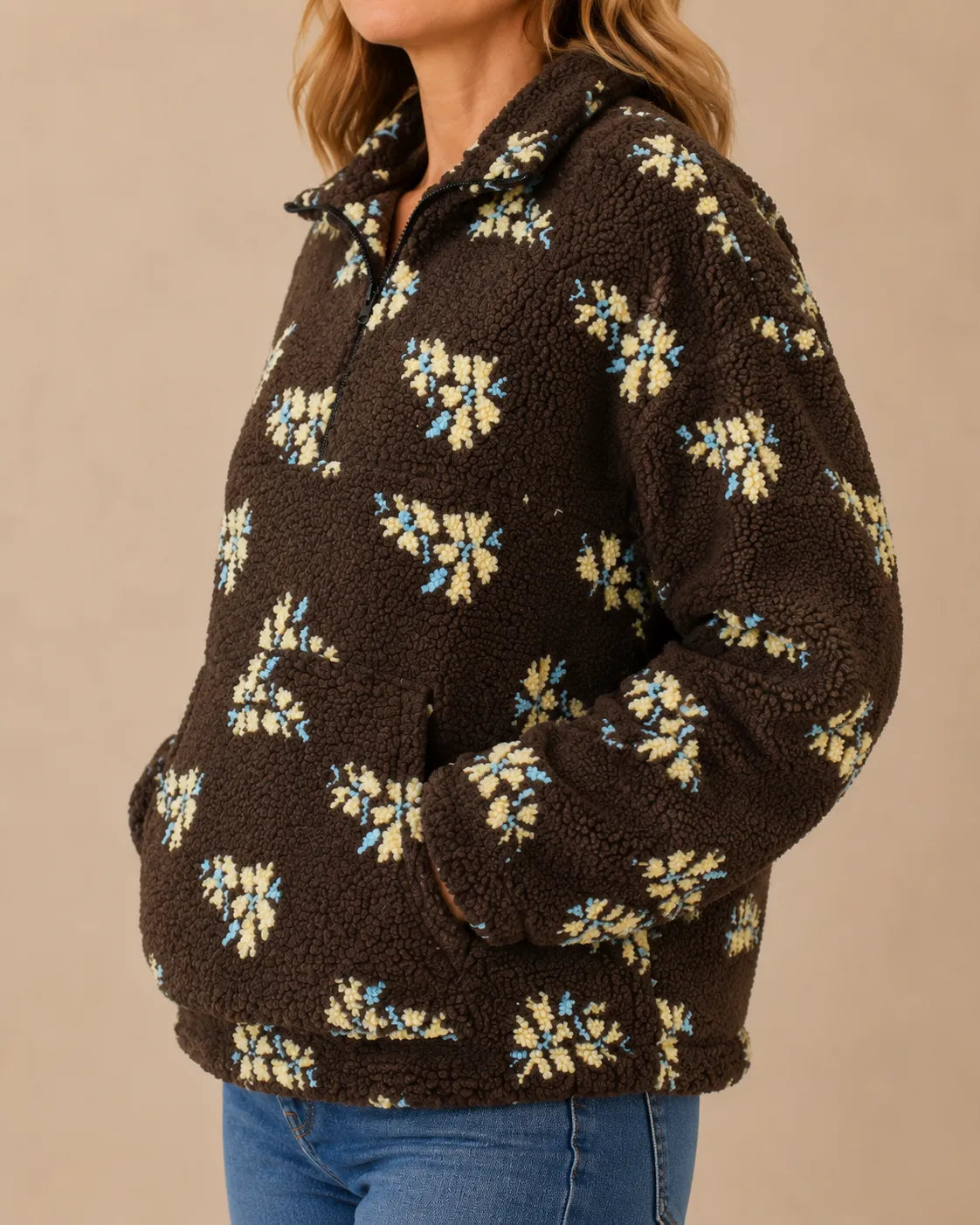 Maribel | Floral Sherpa Quarter-Zip Pullover