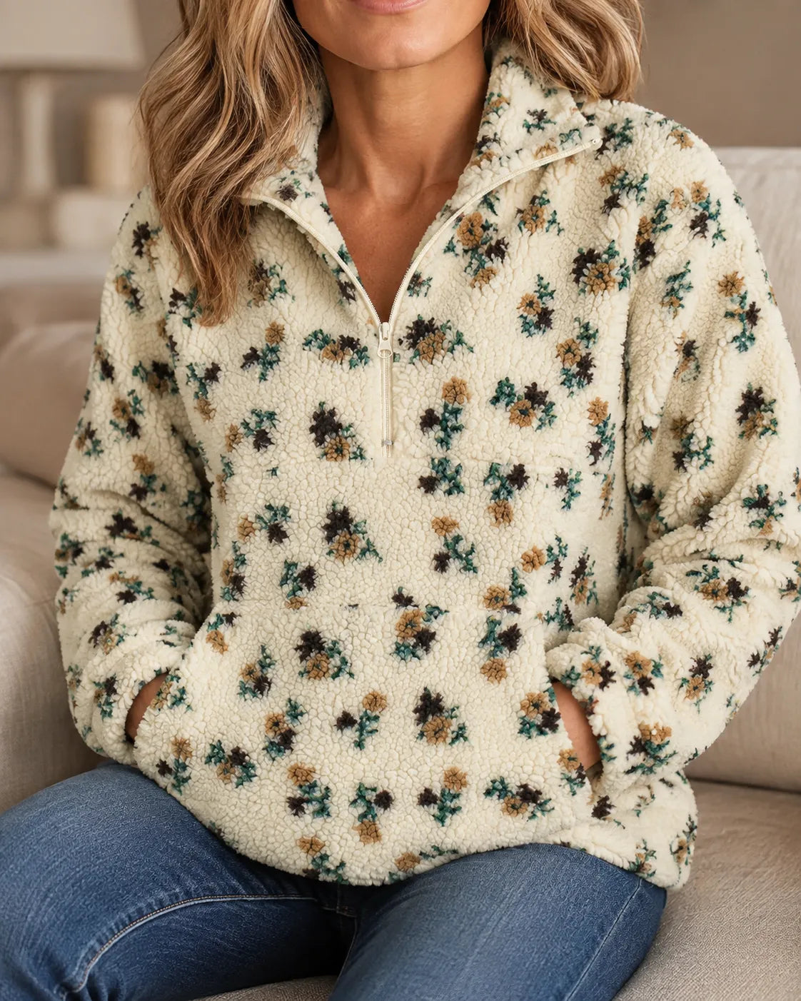 Elodie | Floral Sherpa Half-Zip Pullover