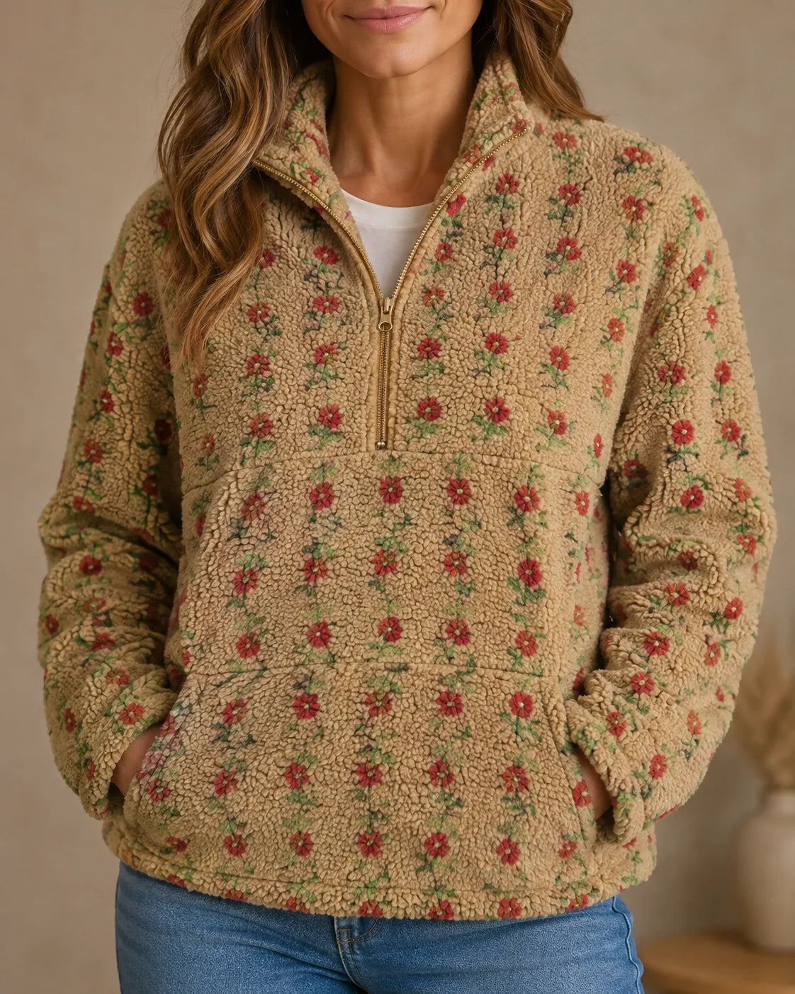 Rosalie | Petite Floral Sherpa Half-Zip Pullover