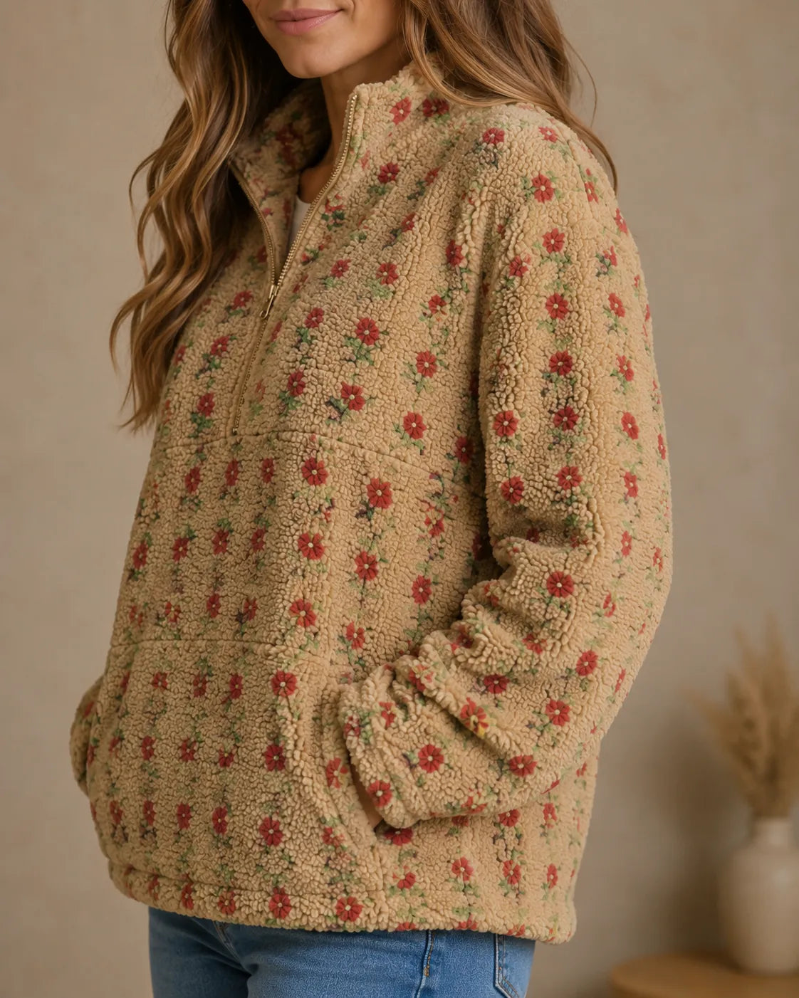 Rosalie | Petite Floral Sherpa Half-Zip Pullover
