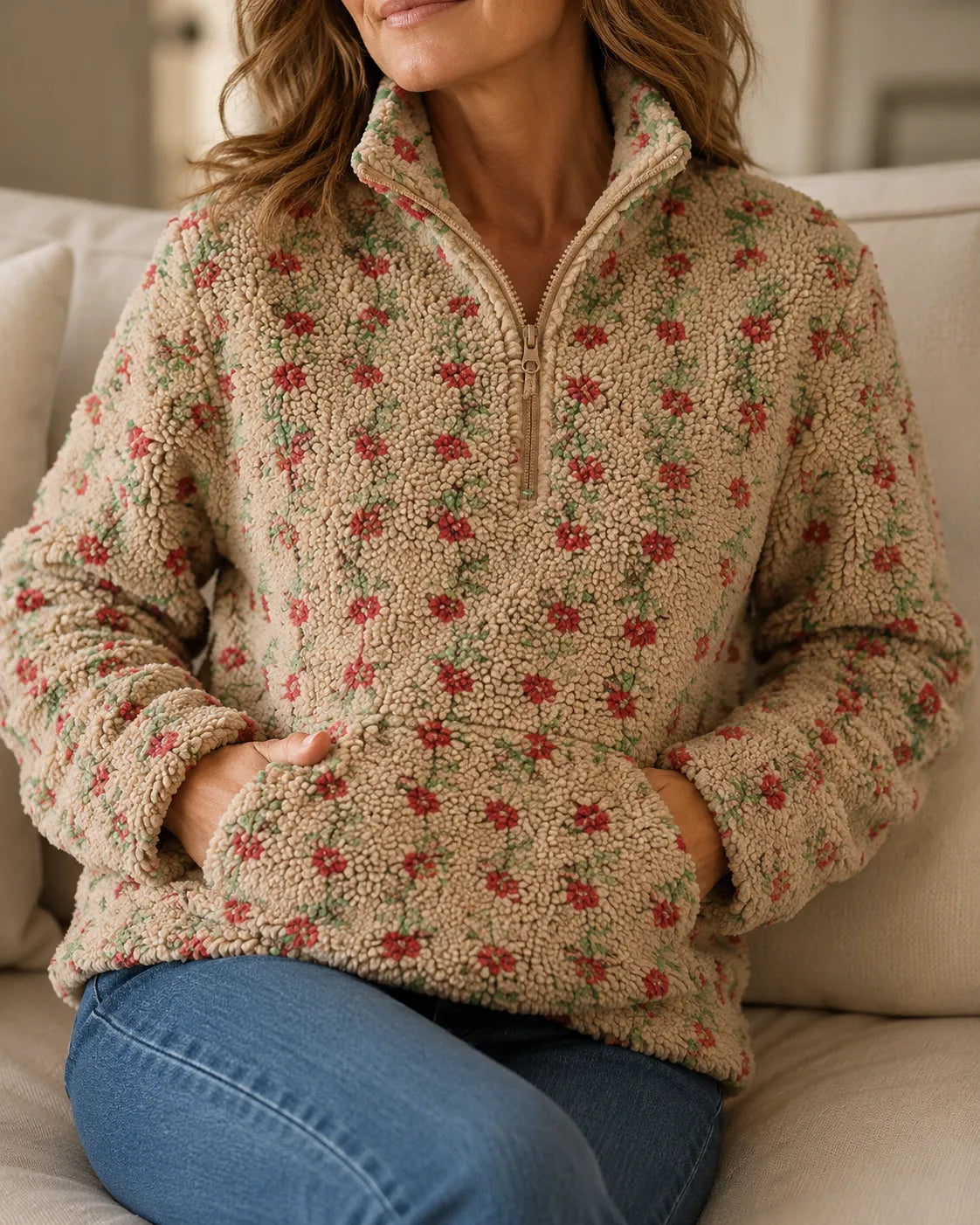 Rosalie | Petite Floral Sherpa Half-Zip Pullover