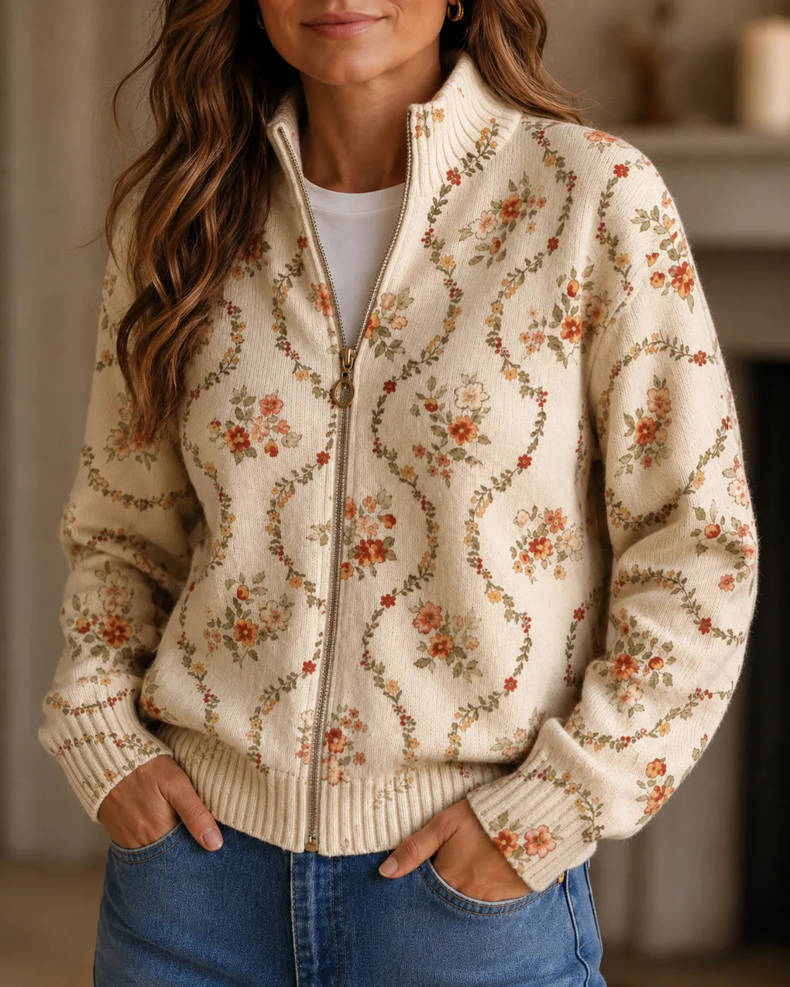 Maribel | Vintage Floral Zip Cardigan