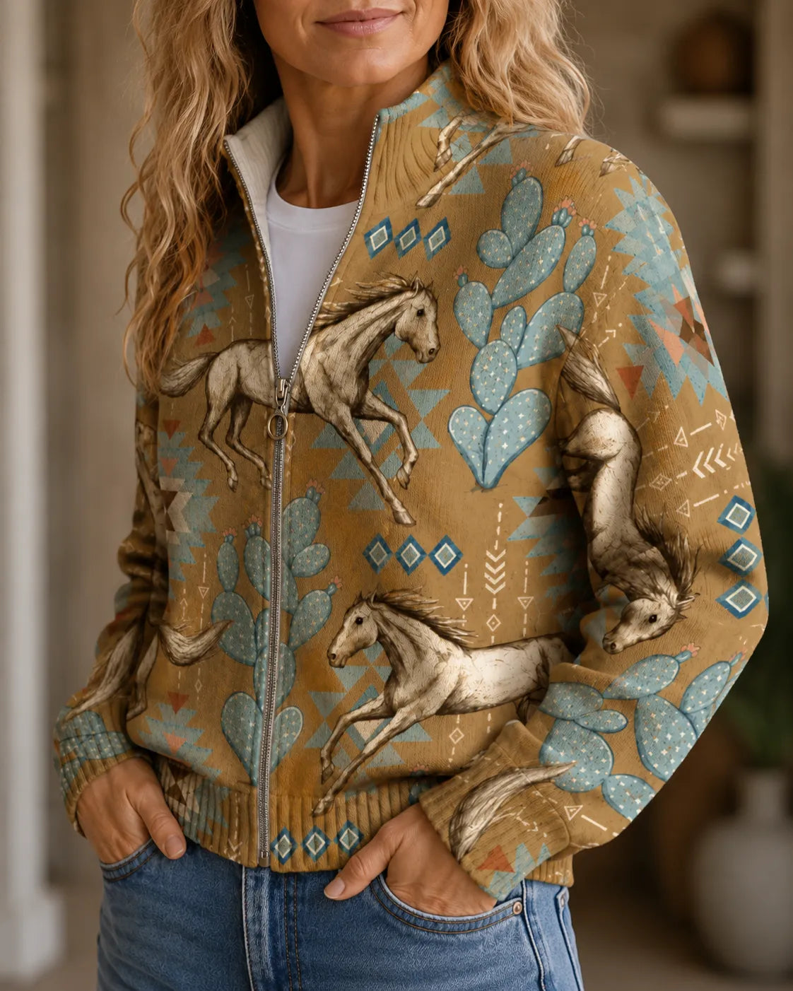 Sierra | Western Horse Print Zip Cardigan