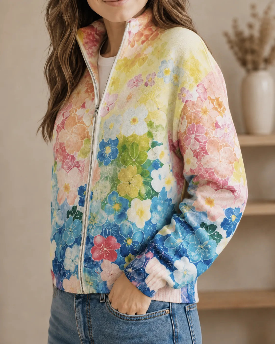 Liana | Watercolor Garden Zip Cardigan