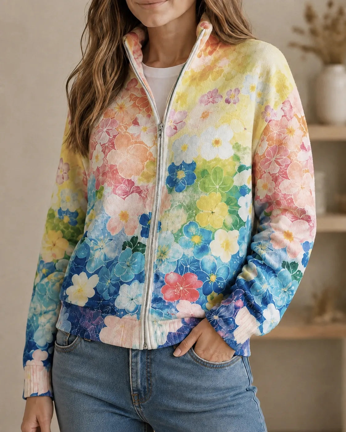 Liana | Watercolor Garden Zip Cardigan