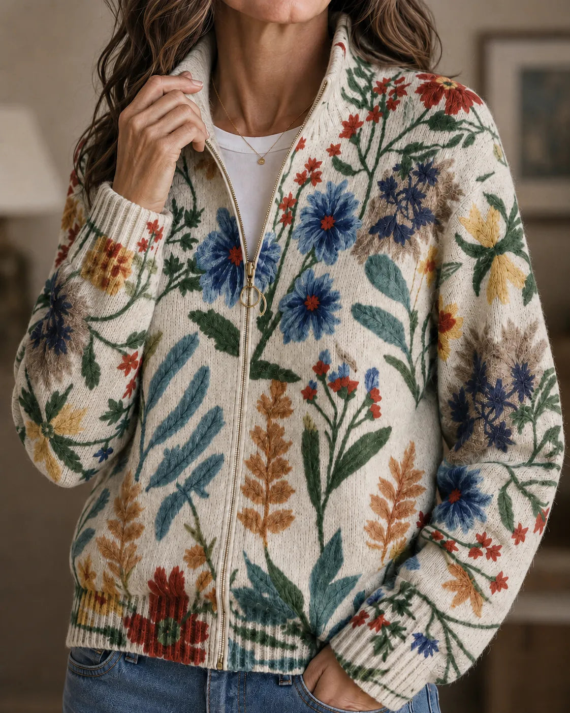 Flora | Painted Wildflower Zip Cardigan