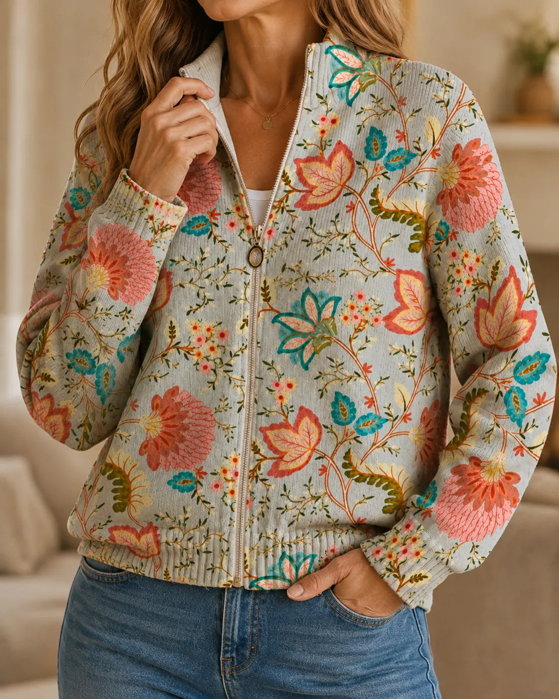 Elara | Botanical Full-Zip Cardigan