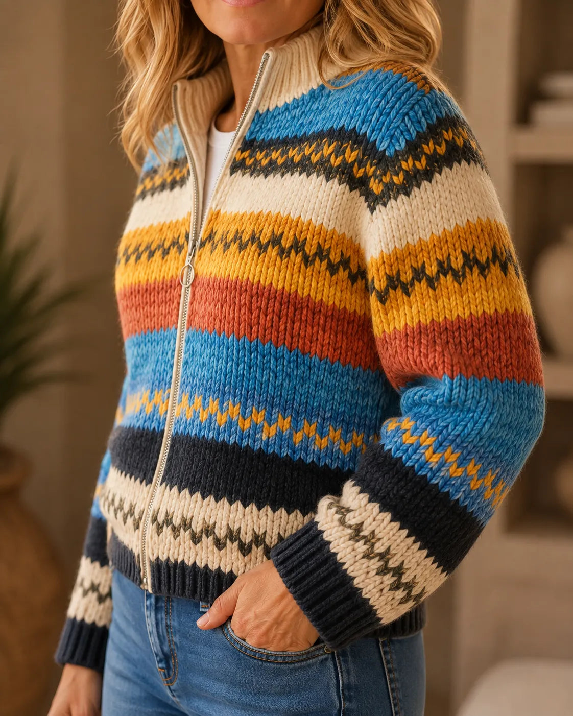 Autumn | Cozy Stripe Knit Zip Cardigan
