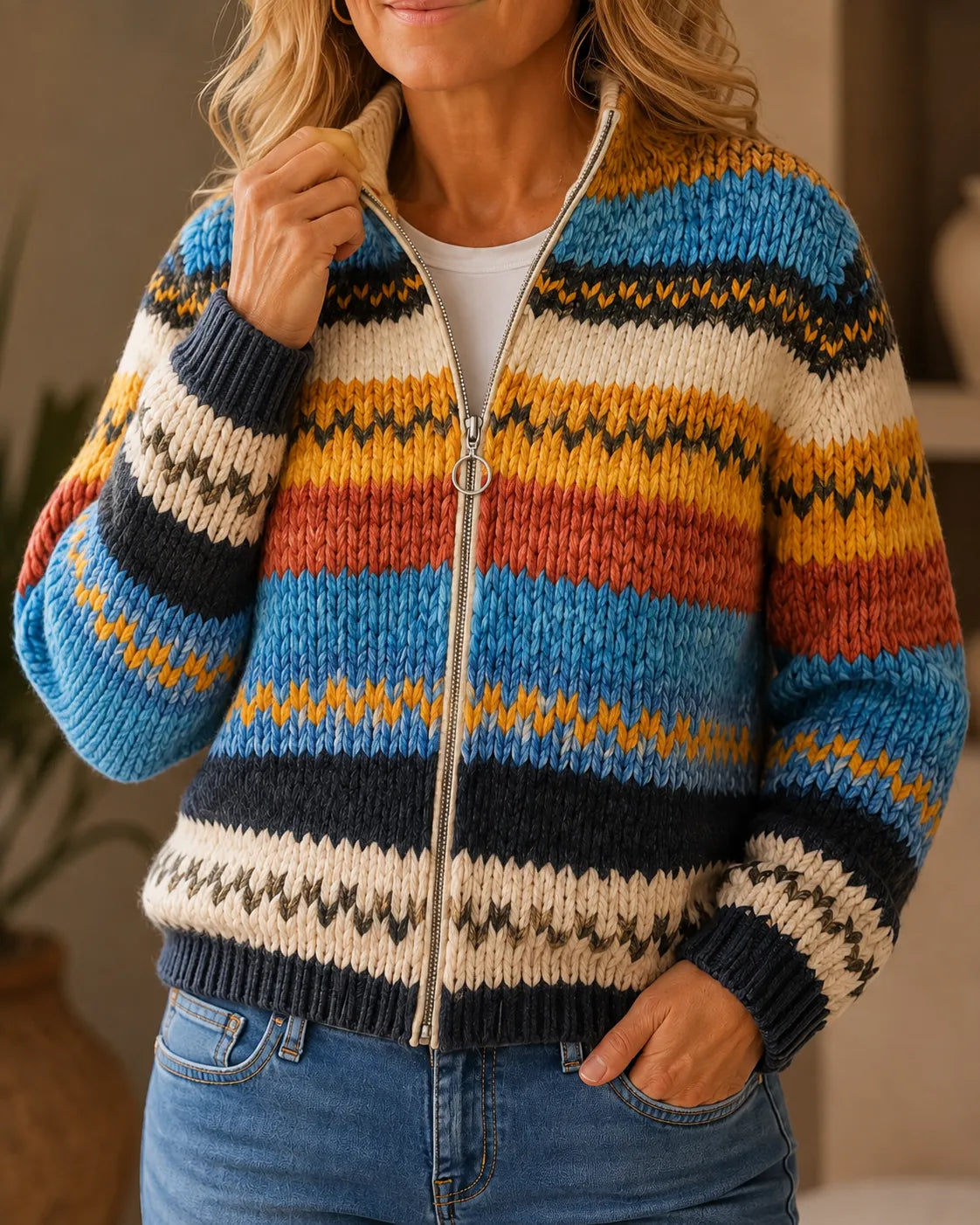 Autumn | Cozy Stripe Knit Zip Cardigan