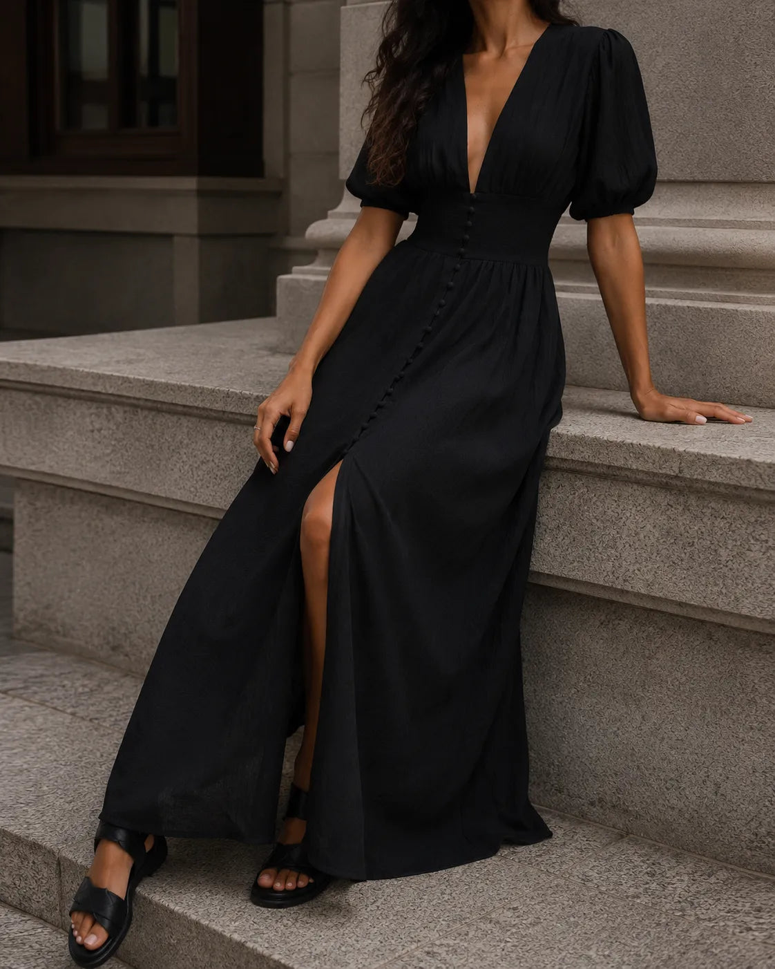 Evelyn | Elegant Deep V-Neck Button Front Maxi Dress