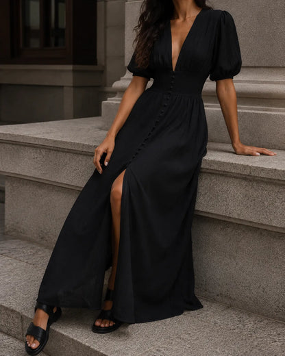 Evelyn | Elegant Deep V-Neck Button Front Maxi Dress