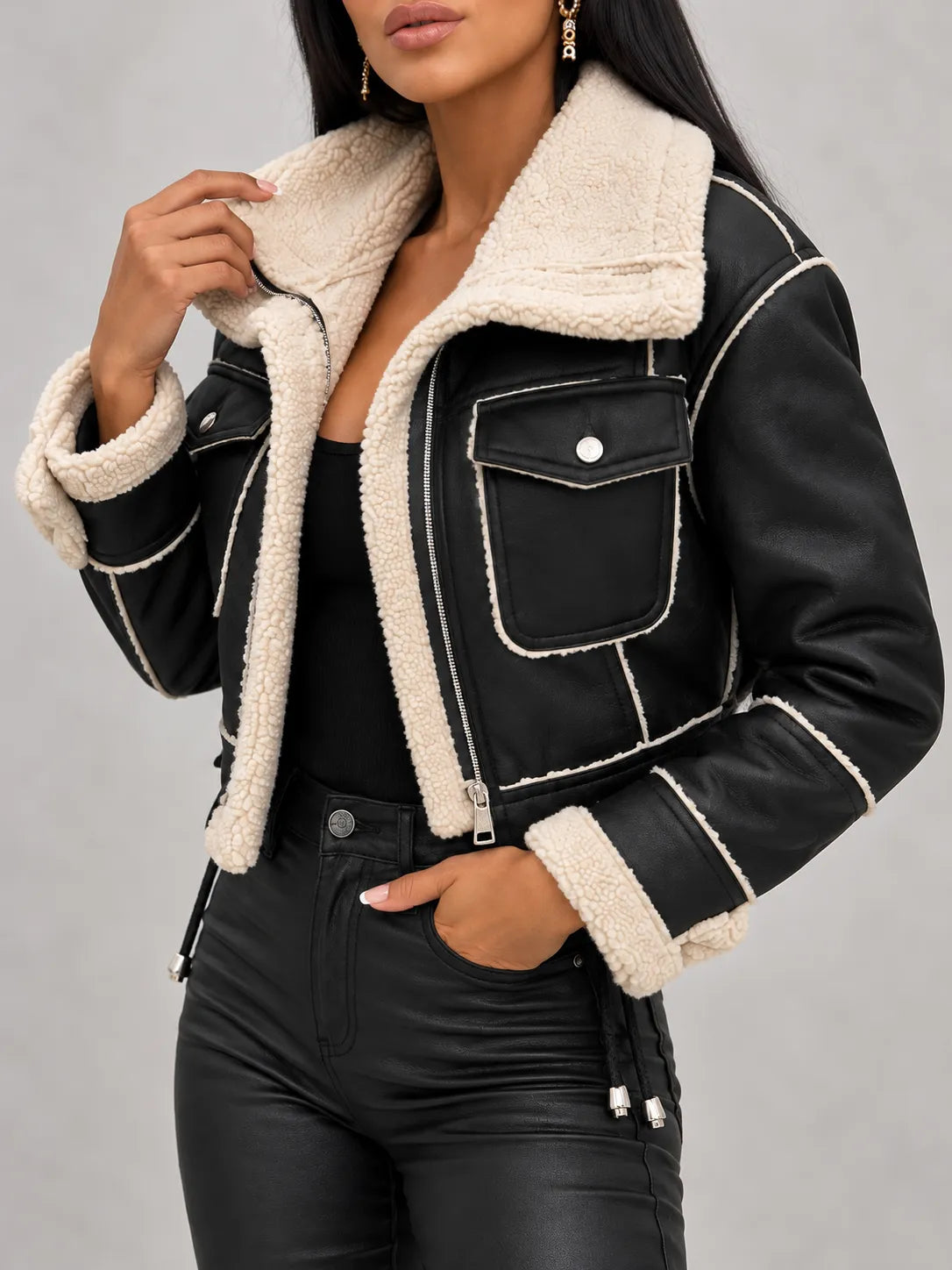 Celeste | Shearling-Trimmed Leather-Look Jacket
