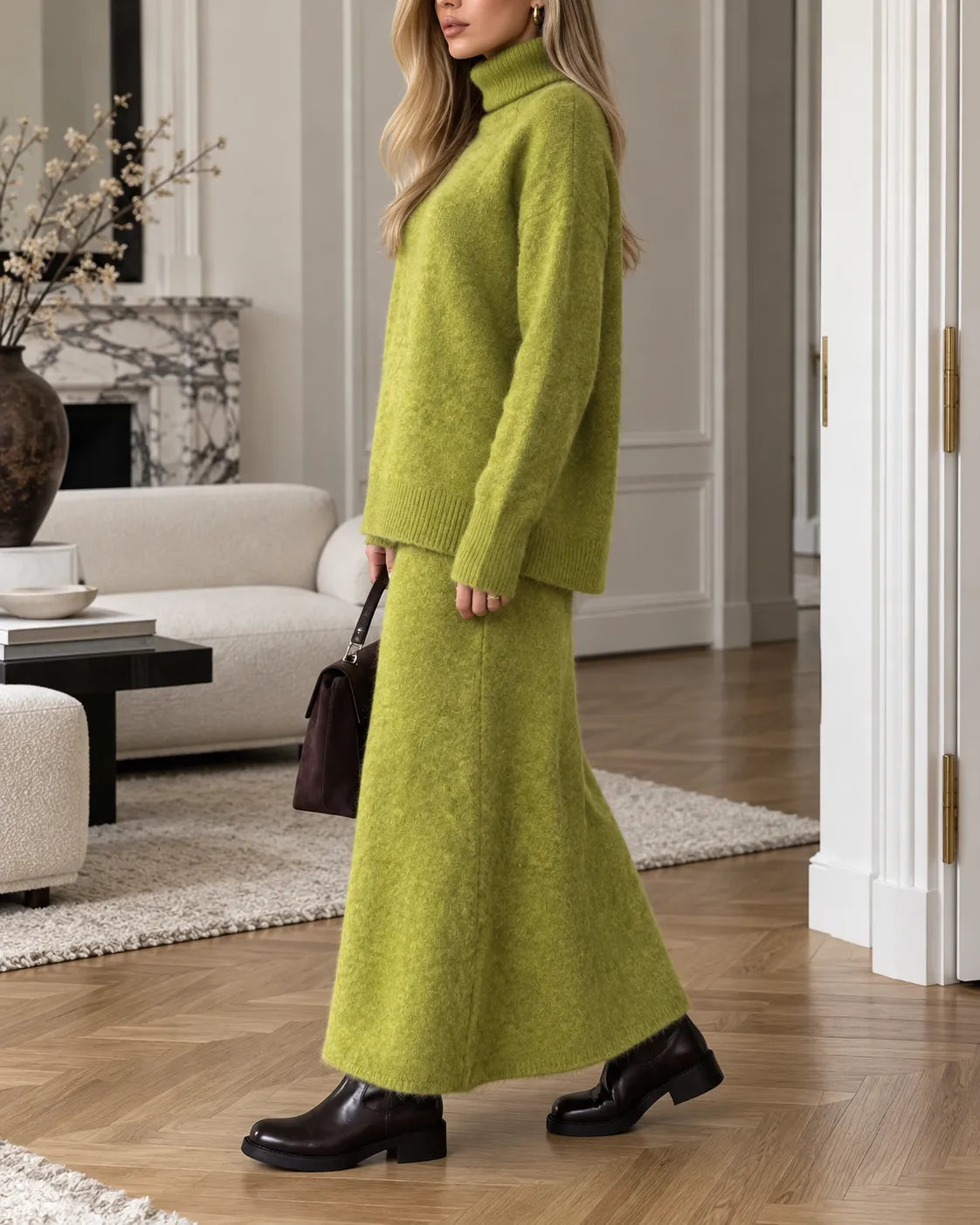 Wool and Cotton Cozy Turtleneck Sweater & Maxi Skirt Set