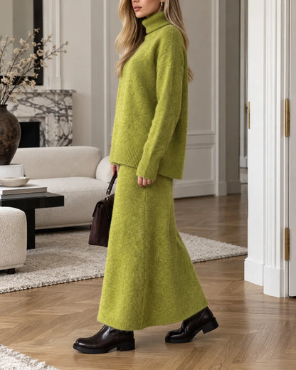 Wool and Cotton Cozy Turtleneck Sweater & Maxi Skirt Set