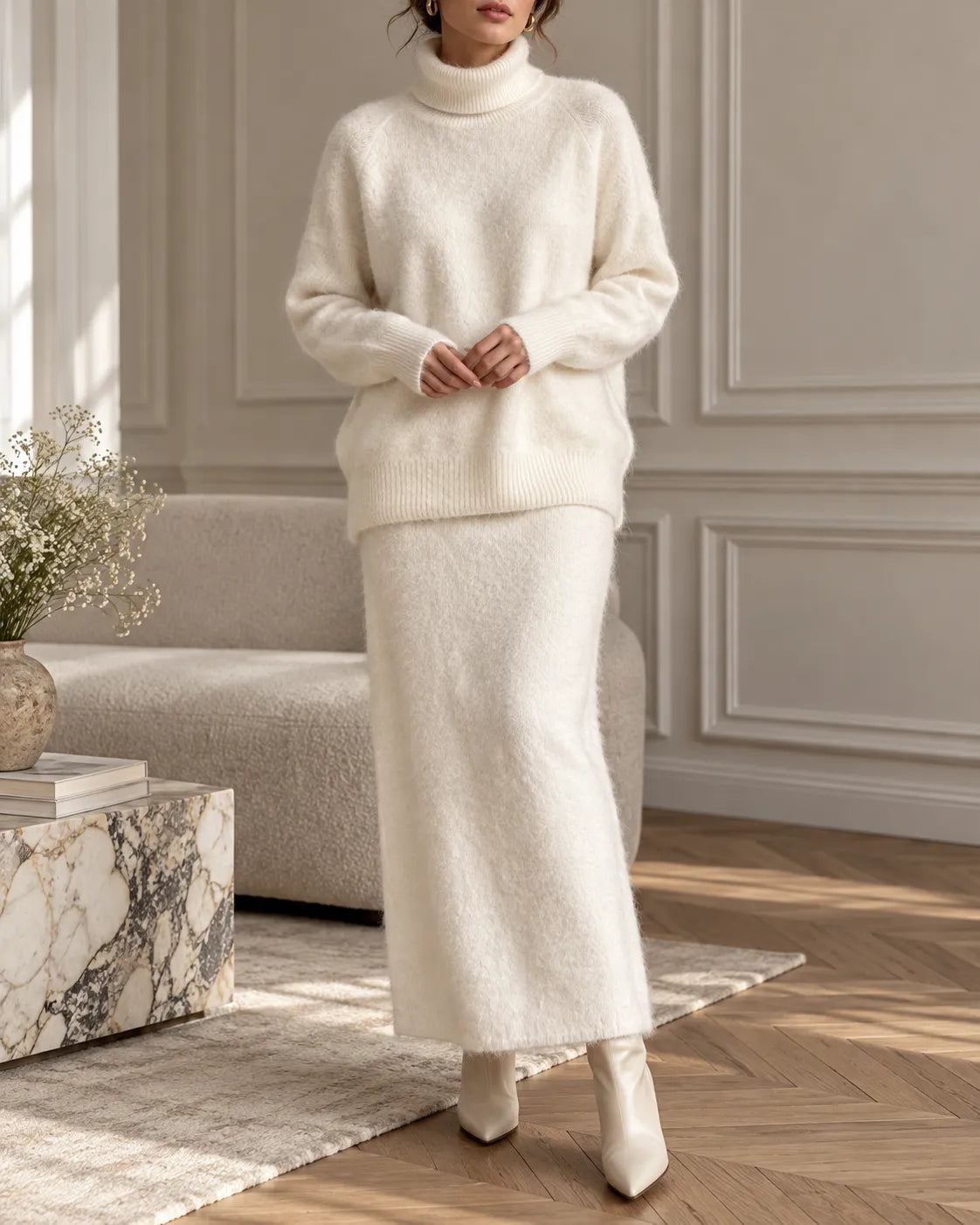 Wool and Cotton Cozy Turtleneck Sweater & Maxi Skirt Set
