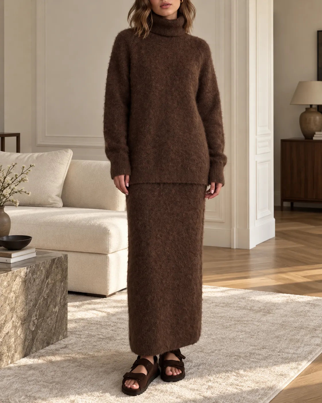 Wool and Cotton Cozy Turtleneck Sweater & Maxi Skirt Set