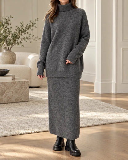 Wool and Cotton Cozy Turtleneck Sweater & Maxi Skirt Set