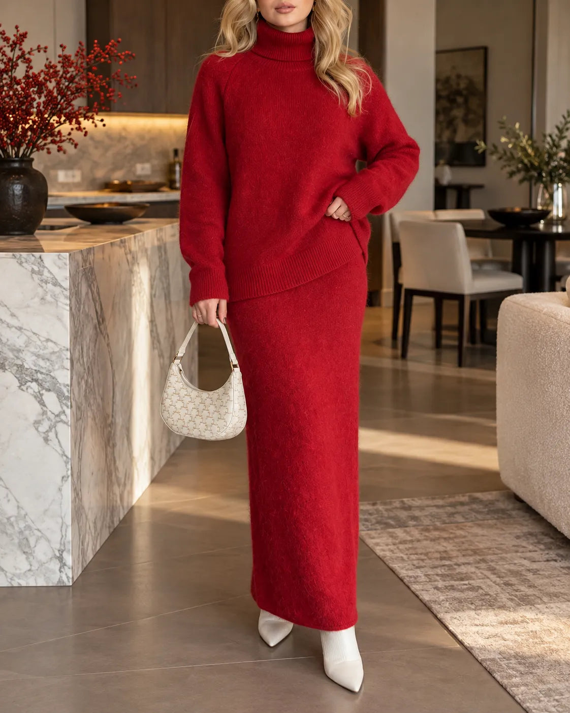 Wool and Cotton Cozy Turtleneck Sweater & Maxi Skirt Set