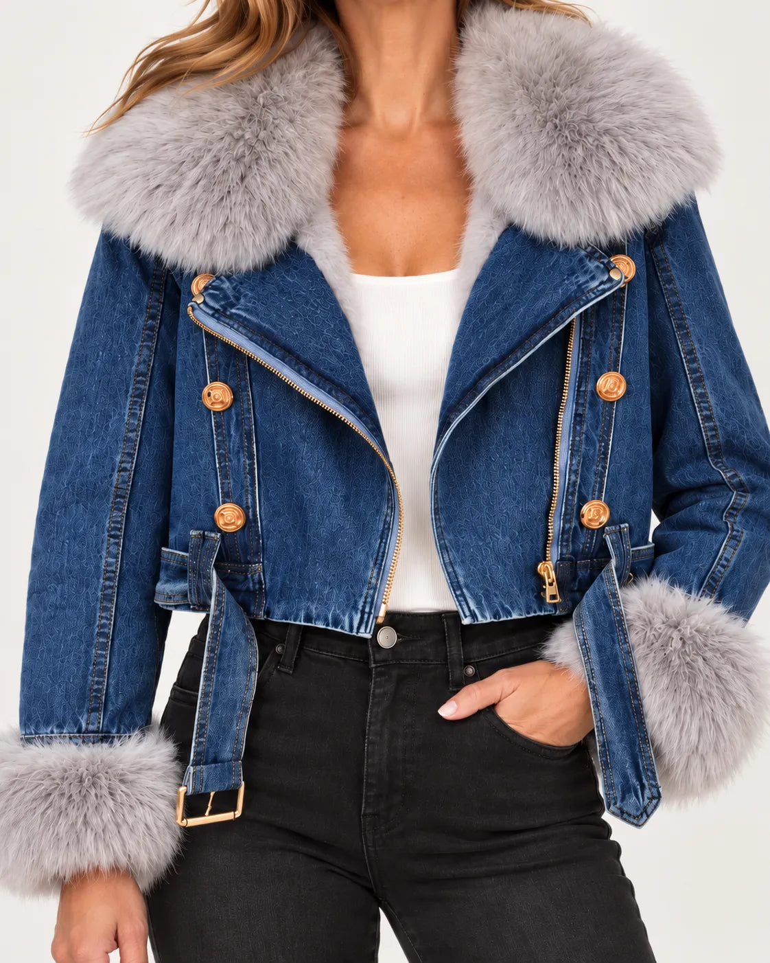 Vivienne Fur-Trim Denim Moto Jacket