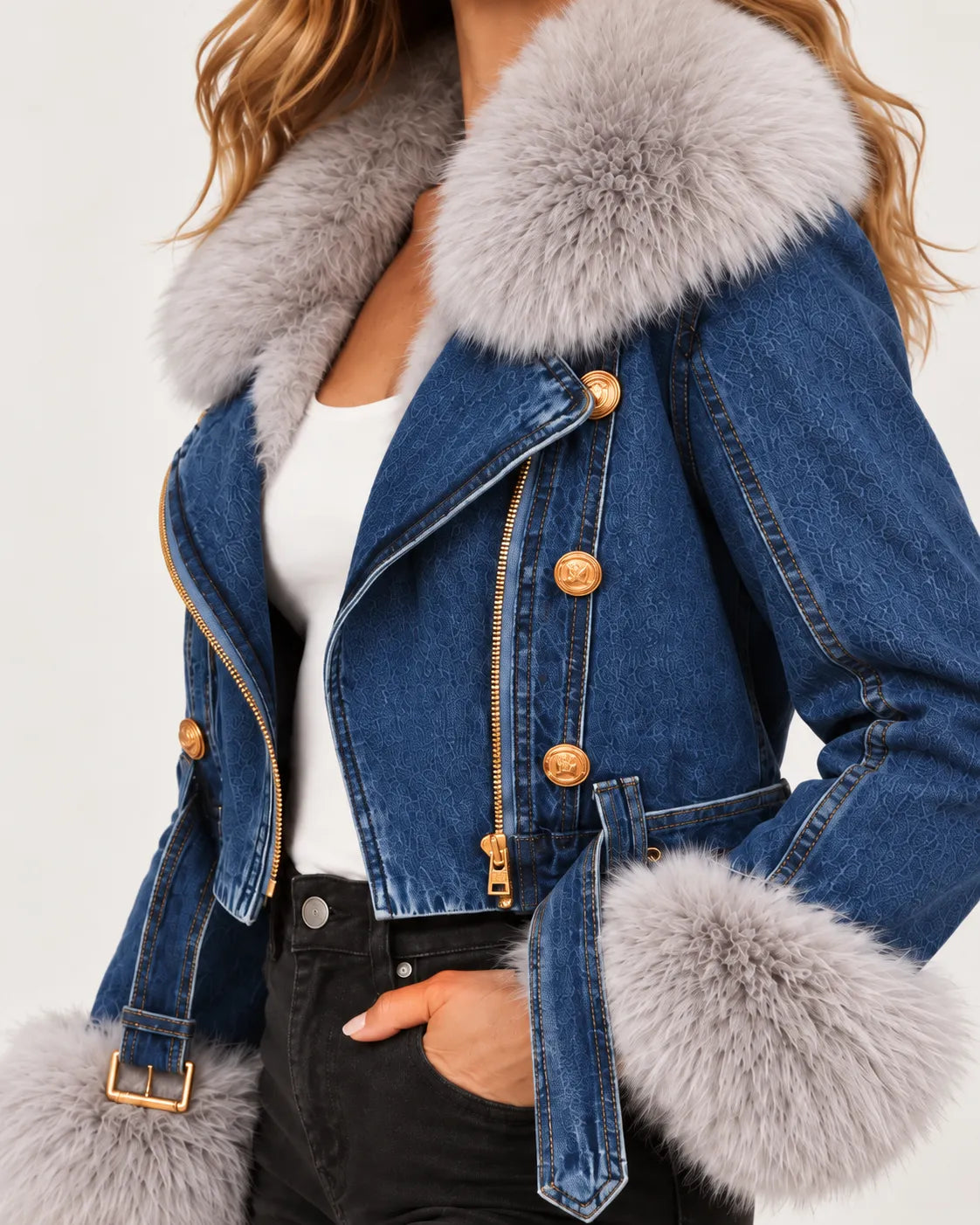 Vivienne Fur-Trim Denim Moto Jacket