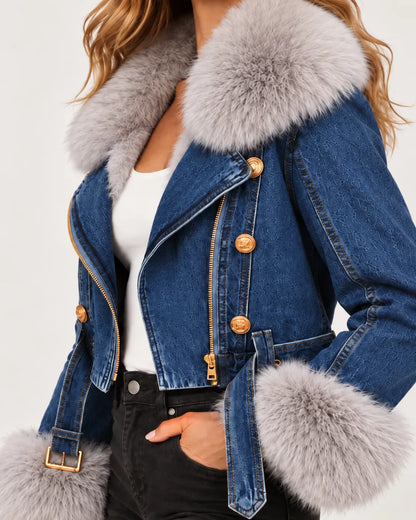 Vivienne Fur-Trim Denim Moto Jacket