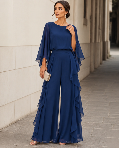 Cape-Sleeve Top and Ruffled Skirt Two-Piece Set