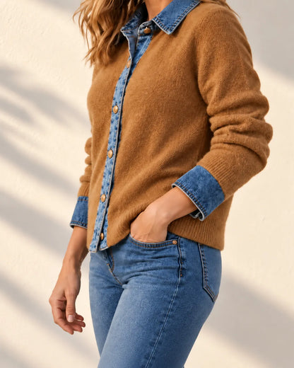Lenora Denim-Trim Soft Knit Cardigan