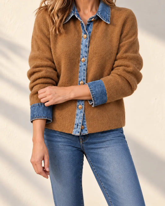 Lenora Denim-Trim Soft Knit Cardigan