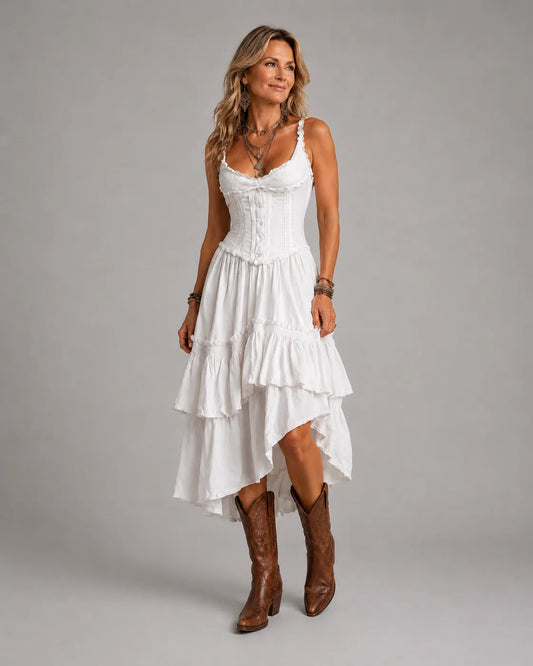 Retro Boho Corset Tiered Midi Dress With Lace-Trim