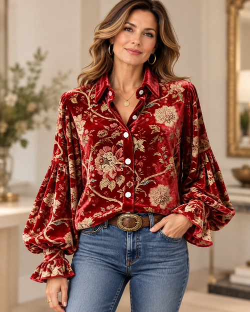 Deep Red Floral Velvet Prints