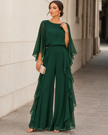 Cape-Sleeve Top and Ruffled Skirt Two-Piece Set
